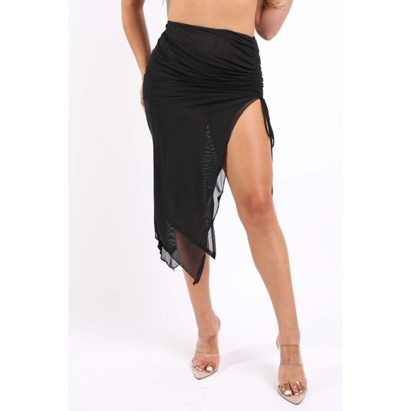 Women's Ariel Mesh Ruched Asymmetrical Midi Skirt Lightweight cover up skirt - Picture 3 of 10